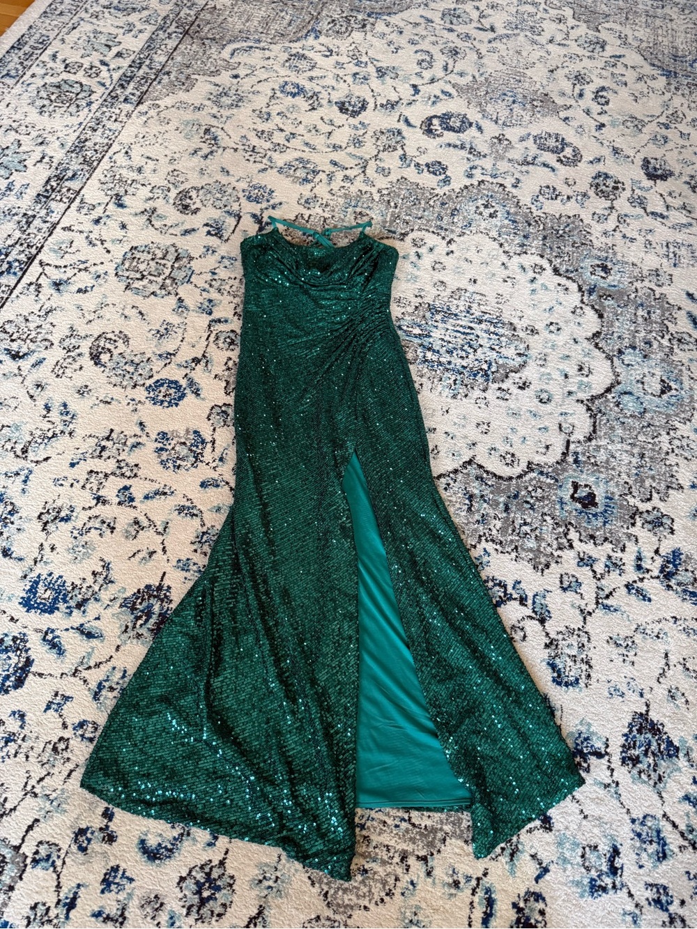 Morgan & Co. Emerald Green Sequin Prom Gown with Front Slit